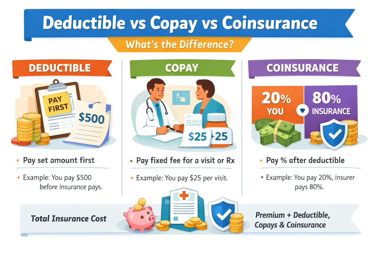 deductible vs copay vs coinsurance clear difference with simple examples