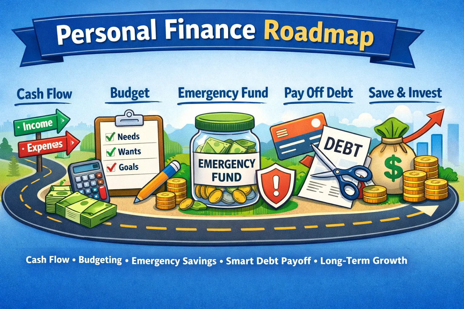 personal finance basics beginner roadmap budget emergency fund debt payoff saving investing